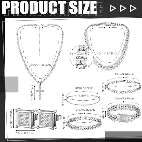 Yinkin 6 Pcs Hip Hop Jewelry Set for Men Rhinestone Link Chain Bracelet Earrings Tennis Diamond Jewelry Set for Men Gift4