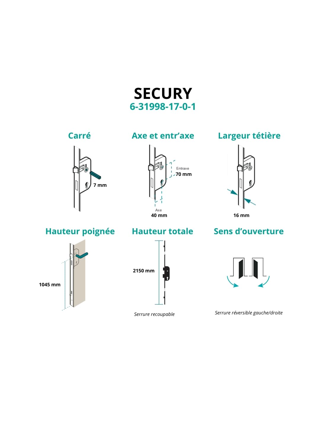 FERCO by THIRARD - Serrure de Porte d'Entrée - Boîtier Encastrable - Axe 50 mm - Réversible Droite ou Gauche - Serrure 5 Points - Cylindre Européen - Hauteur Poignée 1045 mm - Gris