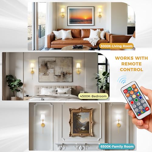 Image of DORESshop Battery Operated Wall Sconce Set of 2, Wireless Wall Light Easy to Install, 7 Color Rechargeable Wall Sconces, Sconce Wall Decor Set of 2 for Bedroom, Living Room, Brass, 24.6in