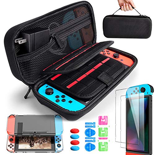 BANGTING 14 en 1 Kit de Accesorios Compatible con Nintendo Switch, 1PCS Funda de Transporte 1PCS Transparente Carcasa 2PCS Kit de Cristal Templado 4PCS Pulgar Grips Compatible con Nintendo Switch Cover