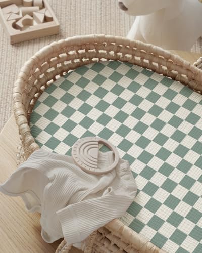 Image of Blissful Diary Muslin Bassinet Sheets, 2 Pack, Sage Checkboard & Sage Green | fitted for bassinet mattress, soft and breathable cotton, boho style, easy care for machine wash, gift for boy and girl