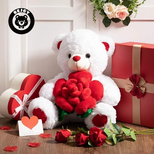 BEJOY Teddy Bear Stuffed Animals Plush Bear Holding Rose Soft Plush Toy Gifts 16 inches White - Image 5