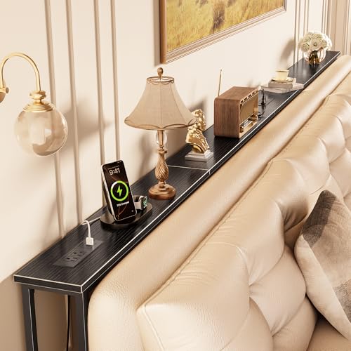 Image of Huuger 118 Inch Sofa Table with Power Outlets, Skinny Behind Couch Table | 5.9 Inch Narrow Entryway Table, Extra-Long Console Table, Behind the Couch Table with Outlet for Living Room, Black