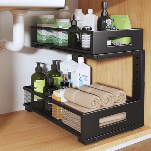 Image of 1 Pack 17IN Depth Under Sink Organizer, 2-Tier Pull Out Cabinet Organizer With Smooth Circular Rail, Large Capacity Metal Mesh Sliding Drawers For Bathroom& Kitchen Storage,Height Adjustable -Black