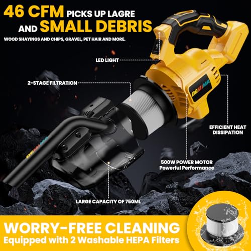 Image of Cordless Vacuum for Dewalt Battery, 5 in 1 Lightweight Handheld Vacuum Cleaner with 500W Powerful Motor, 46 CFM Portable Hand Vacuum with Filtration HEPA for Floor, Carpet(Battery Not Included)