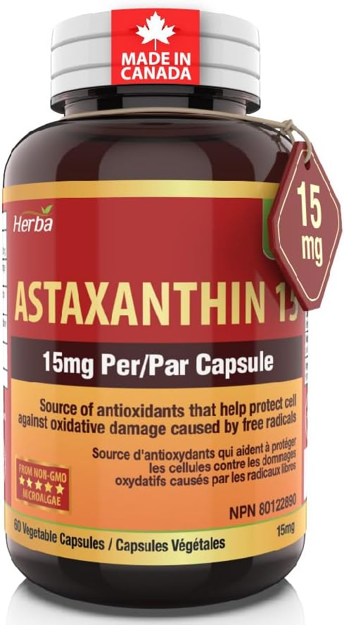 Herba Astaxanthin Supplement 15mg – 60 Vegetable Capsules | Made with Non-GMO Micro-algae | Source of Antioxidant | Made and Third Party Tested in Canada