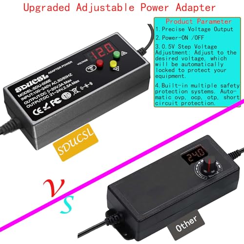Image of Universal Adjustable AC /DC Power Supply, 5-24V 3A Max 60W Variable Power Adapter with 8 Tips, 100-240V to DC 5V 9V 12V 15V 18V 20V 24V Output, 3-Button Control and LED Display