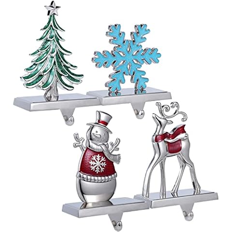 Christmas Stocking Holder Set of 4- Metal Stocking Hanger for Mantel -Christmas Stocking Holder for Fireplace Heavy Stocking Holder Xmas Tree Deer Snowflake Snowman(Style B) Cover