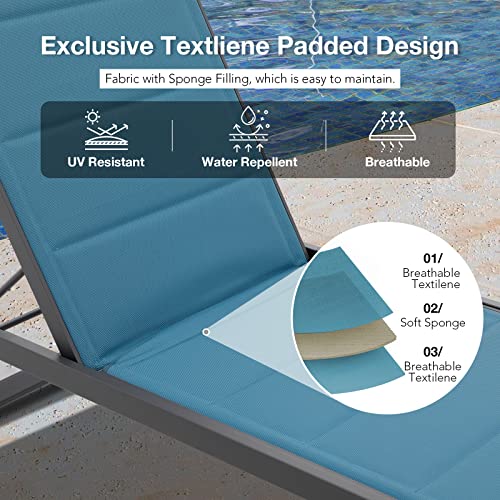 Patiorama Outdoor Patio Chaise Lounge Chair Set Of 3, Dark Grey Aluminum Textilene Padded Adjustable Recliner W/Wheels, Side Table, Pool Lounger All Weather For Beach, Yard, Balcony (Turquoise Blue) #TOP3