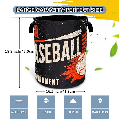 Image of Baseball Sports Laundry Basket Foldable Waterproof Hamper 18.9 x 16.5 Inch | Oxford Cloth With Reinforced Handles Lining Design Large-Capacity Storage For Bathrooms /Laundry Rooms / Living Rooms /Bedrooms