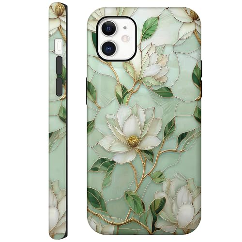 CAINAT Aesthetic Cases for iPhone 11, Vintage Magnolia Flowers, Hard Hybrid 2-Layer Protective Cover for Women Girls