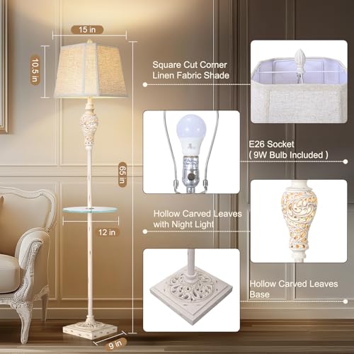 Vintage Floor Lamp with Nightlight and Glass Tray, Farmhouse Standing Lamp with White Washed Finish and Linen Shade, 65" Rustic Tall Lamp Decor for Living Room, Bedroom, Office, House (Bulb Included) - Image 3