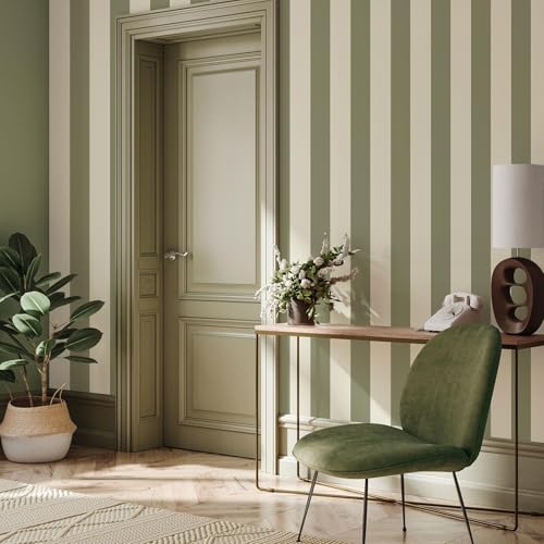 Papier peint rayé vert sauge 1121 lavable World of Wallpaper