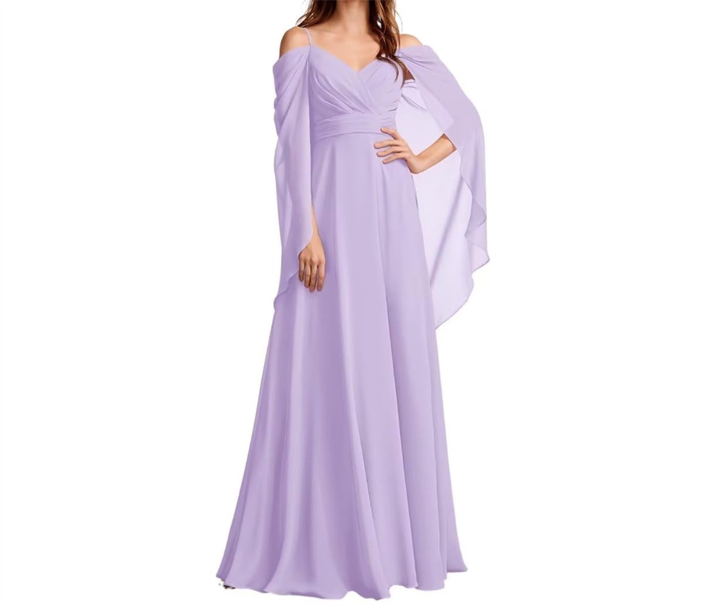 WSEYU A-Line Bridesmaid Dresses with Puffy Sleeves V Neck Off Shoulder Lace Up Back Formal Gowns Lilac UK22