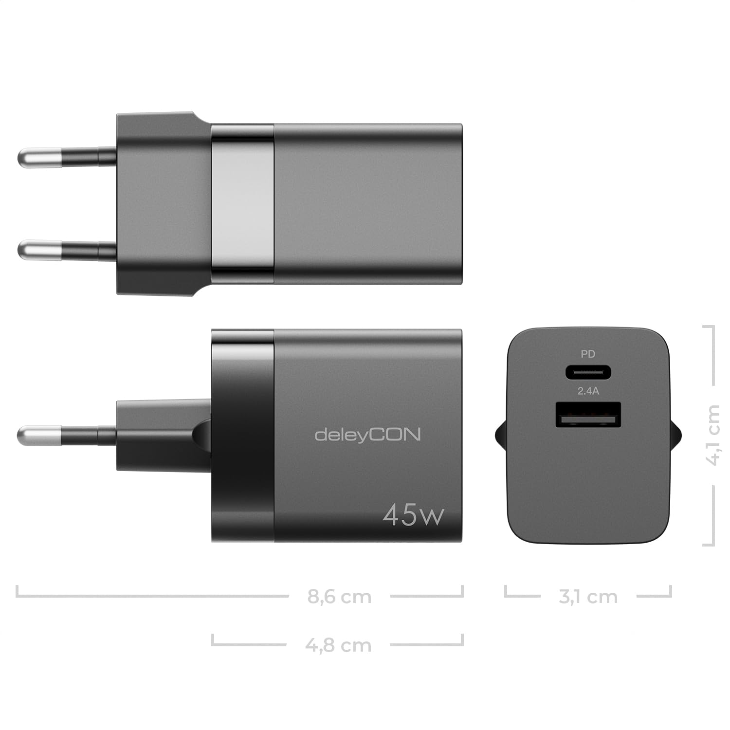 deleyCON Ładowarka USB-A i C (2 Porty - Ładowarka do Szybkiego Ładowania 45 W) Zasilacz USB do iPhone'a 17 16/15/14/13, Galaxy S25/S24/S23, Pixel Handy, iPada, Tabletu, Laptopa, Notebooka - Czarna
