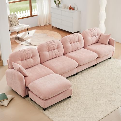 Image of KEIKI 140 inch L-Shaped Oversized Chenille Modular Sectional Sofa with 1 Ottoman, High-Density Foam Cushions, Tufted Pleated Cushion Backrest, Modern 4-Seater Couch with 2 Pillow, for Living Room, Pink