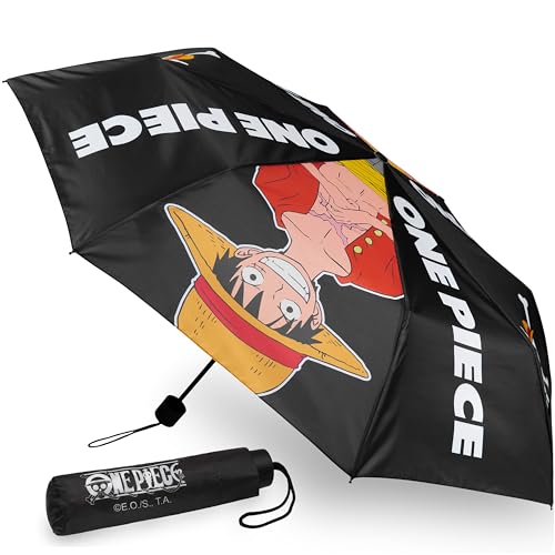 One Piece Windproof Travel Umbrella, Strong Folding Compact Umbrellas for Rain, Light Portable Rain Travel Essentials for Kids Teens Adults, Fits Backpack & Car, Anime Gifts (Black One Piece)