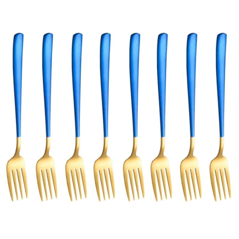 Image of Golden Stainless Steel Long-Handled Fork Spoon for Home /Kitchen, Mirror Polish, Salad, Dinner Set for Home, Kitchen, Restaurant (Gold-Blue, Set of 8)