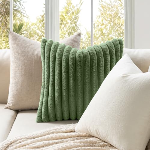 Image of MIULEE Faux Fur Decorative Throw Pillow Covers 18x18 Set of 2 Moss Green | Modern Spring Home Decor Soft Plush Couch Pillows Cozy Fluffy Cushion Covers for Sofa Bed Living Room