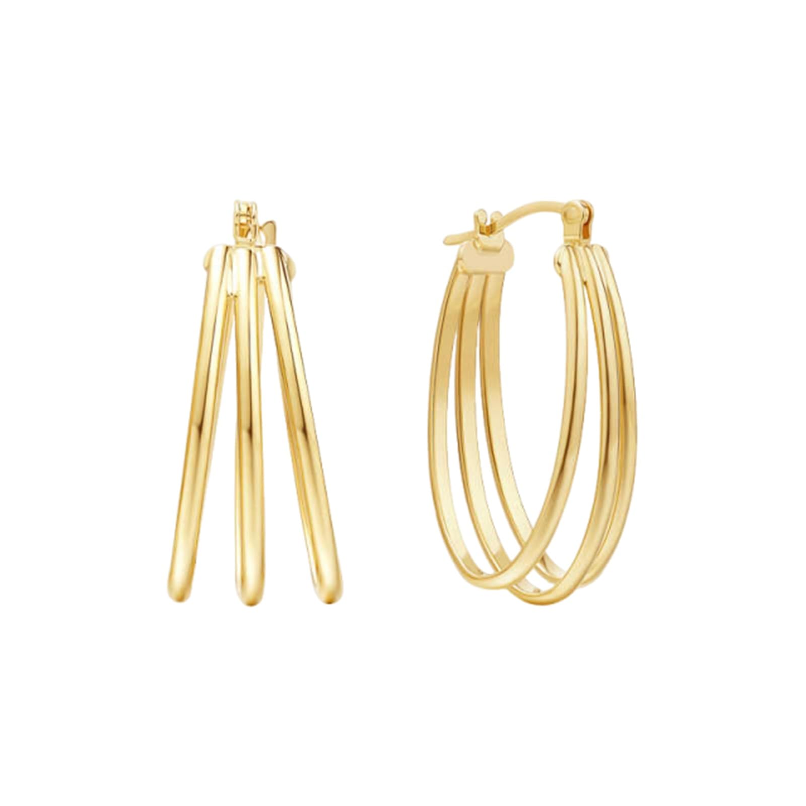 Pendientes para mujer, oro amarillo dorado, tres anillos, aretes de aro pequeños para mujer