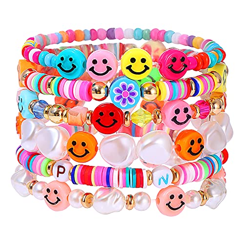 HZEYN Beaded Bracelet Set Stack Colorful Cute Happy Face Charm Pearl Heishi Beaded Stretchy Bracelet Summer Beach Bracelet Jewelry (Colorful-6pcs)