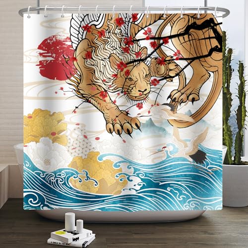 SDOTPMT 120x180cm Japonais Tigre Rideau de Douche Japonais océan Mont Fuji Rouge Soleil Sakura...