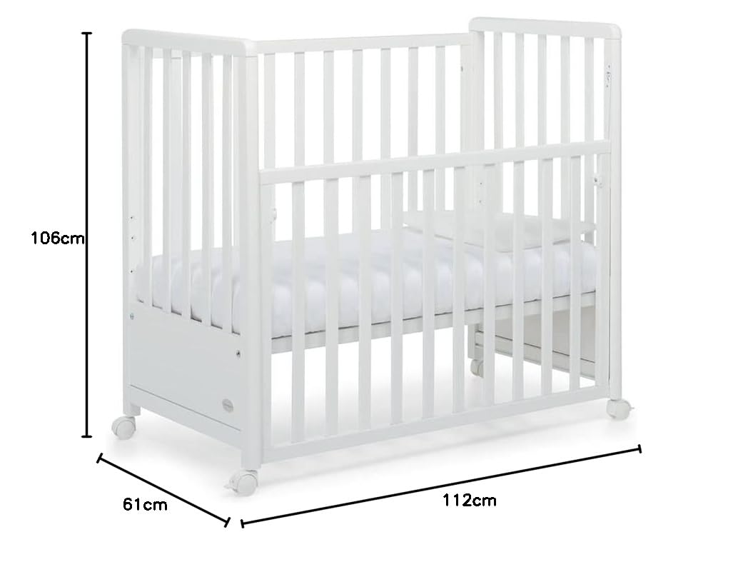 Foppapedretti Lettino Culla con Sponda a Scomparsa Pikkoletto, Made in Italy, Legno di Faggio, Rete a doghe a 3 altezze, Materassino Incluso, 112x61x106 cm, ruote piroettanti, Bianco