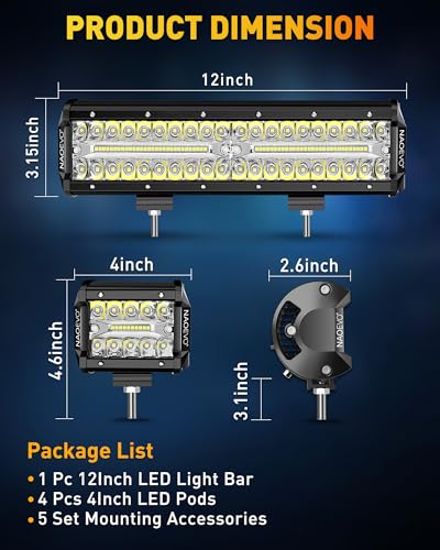 Naoevo SM-1244INCH-W 12 Inch Led Light Bar And 4Pcs 4 Inch Led Pod Lights, 54000Lm Led Fog/Driving/Off Road Lights, Triple Row Spot Flood Combo Led Light Bar For Truck Car Utv Atv Boat thumb #4