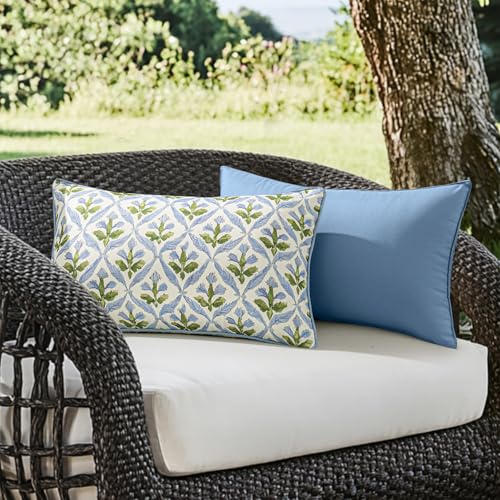 Image of MIULEE Pack of 2 Decorative Outdoor Waterproof Throw Pillow Covers Flower Print Chic Boho Accent Pillow Covers for Square Garden Patio Cushion 12x20 Inch, Blue-Green