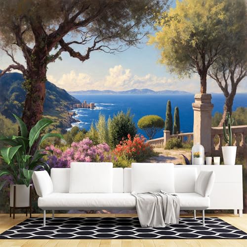 Murales de pared de tamaño personalizado, paisaje costero, pintura al óleo, terraza, jardín, vista al mar, paisaje mediterráneo, tela autoadhesiva, papel tapiz grande extraíble para sala de estar