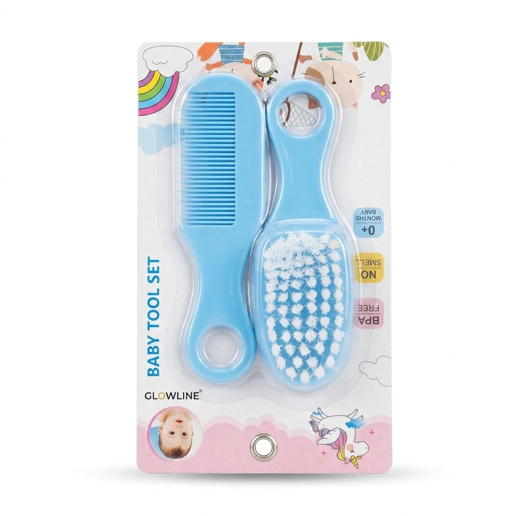 GLOWLINE Baby Hair Brush and Comb Set for Newborns Blue | BPA Free, Soft Bristles, 0+ Months, No Smell, Scalp Grooming-image-19