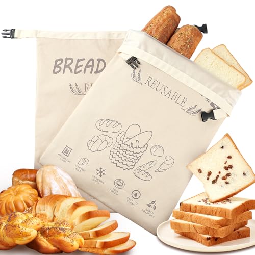 Bread Bags for Homemade Breads, Reusable Bread Bags For Sourdough, Food-Grade TPU Lining, 100% Cotton Outer Layer for Sourdough & Homemade Storage, 2 Pack XL Capacity, Baking Freezer Fresh Keeping