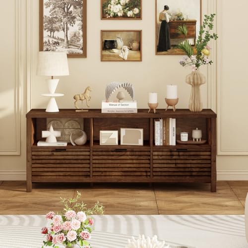 BON AUGURE TV Stand, Mid Century Modern Media Console for 65/55/50 Inch TVs, Night Stand, Fluted Bedside End Table with Drawer Storage (Rustic Oak)