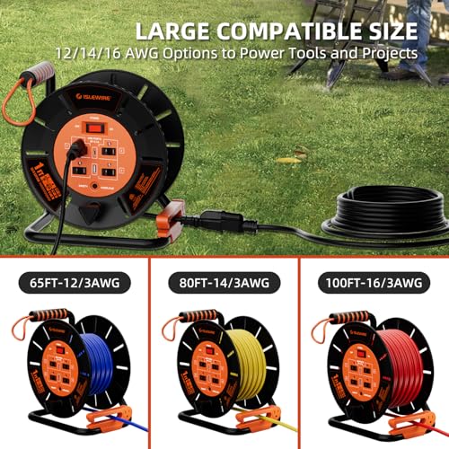 Extension Cord Storage Reel with 4-Grounded Outlets & 2 USB Ports, Heavy Duty Open Cord Reel for 12/3,14/3,16/3 Gauge Power Cord, Hand Wind Retractable, 15A Circuit Breaker, ETL Listed, Orange by islewire - Used condition - Image 3