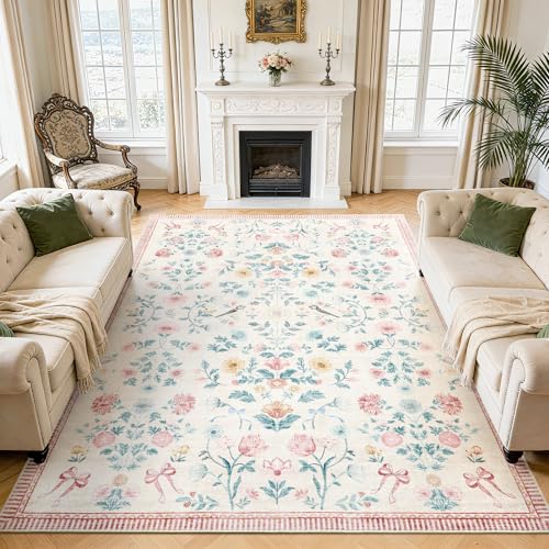 GarveeHome 9x12 Washable Area Rugs for Living Room Bedroom, Soft Carpet Indoor Floor Floral Large Carpets, Non Slip & Fade Resistant Foldable Mats for Dining Room Home Office Decor, Pink