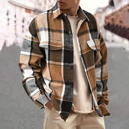 Men's Plaids Shirts Long Sleeve Button Down Casual Cotton Shirt Jacket Vintage Lightweight Shacket Blouse with Pocket2