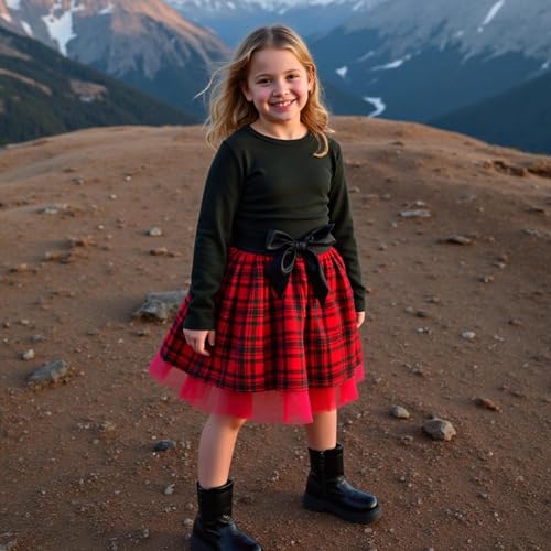 Image of Little Bitty Toddler Girl Skirt Set 2Pcs Outfits Long Sleeve Tops & Red Plaid Skirts with Bowknot Kids Cute Clothes 2T-7T