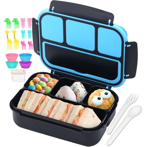 Image of QQKO Bento Box for Kids Adults, School Toddler Lunch Box for Boys Girls, Lunch Box Containers with 4 Compartments, Sauce Container, Utensils, Food Picks and Muffin Cups for School, Black Blue