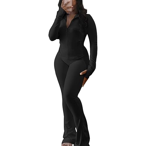 Ophestin Women 2 Piece Outfits Fall Long Sleeve Zip Up Jacket Flare Legging Workout Sets with Pockets Tracksuit Active