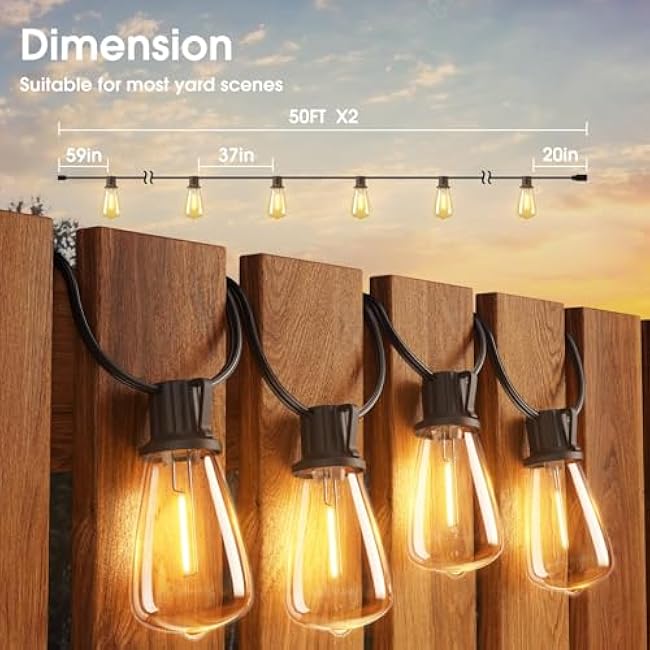 KYY 100FT Outdoor String Lights Waterproof LED Patio Lights with Shatterproof 32(2 Spares) Edison ST38 Bulb Durable Dimmable Hanging for Outside Garden Porch Deck Bistro Backyard Events