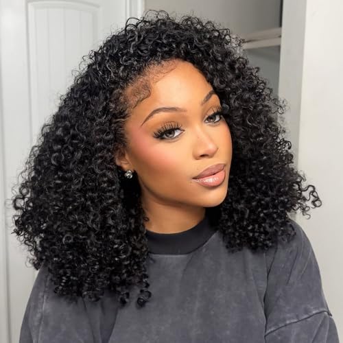Image of Kinky Curly Half Wig Human Hair 16 Inch 3 In 1 Drawstring Wig Natural Color