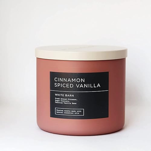 Bath & Body Works, White Barn - Vela de 3 mechas con aceites esenciales, 14.5 onzas, aromas de primavera 2022 (canela con especias de vainilla)