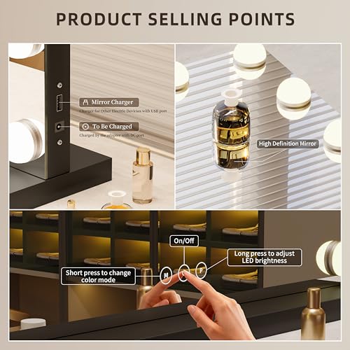 Image of Vanity Mirror with Lights Lighted Makeup Mirror with Dimmable LED Bulbs,3 Color Lighting Modes,USB Charging Port Touch Control,Sturdy Metal Frame Design,Black (50x40cm, 4.70)