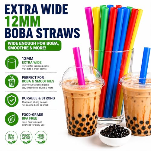 Image of ALINK 100 Extra Large Plastic Bubble Tea Smoothie Straws, 1 /2 inch Wide X 8 1 /2 inch Long Jumbo Boba Straws for Milkshakes, Milk Tea, Slush, Juice, Party (Pack of 3)