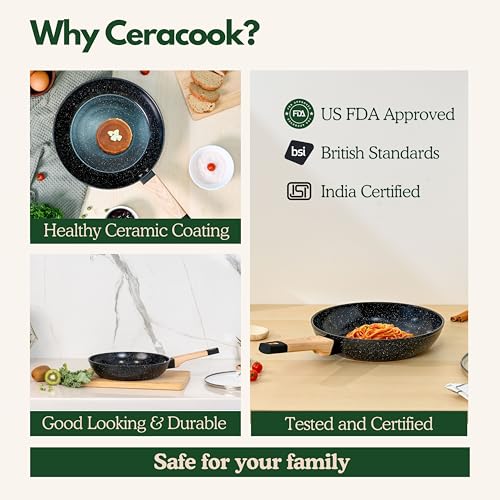 Image of Kreme Ceracook Ceramic Coated Granite Fry Pan 1.8L /24cm with Glass Lid, ISI Certified Frying Pan, Forged Aluminium, Gas & Induction Use, Non Toxic, PFAS & PTFE Free, 1 Year Warranty, Black