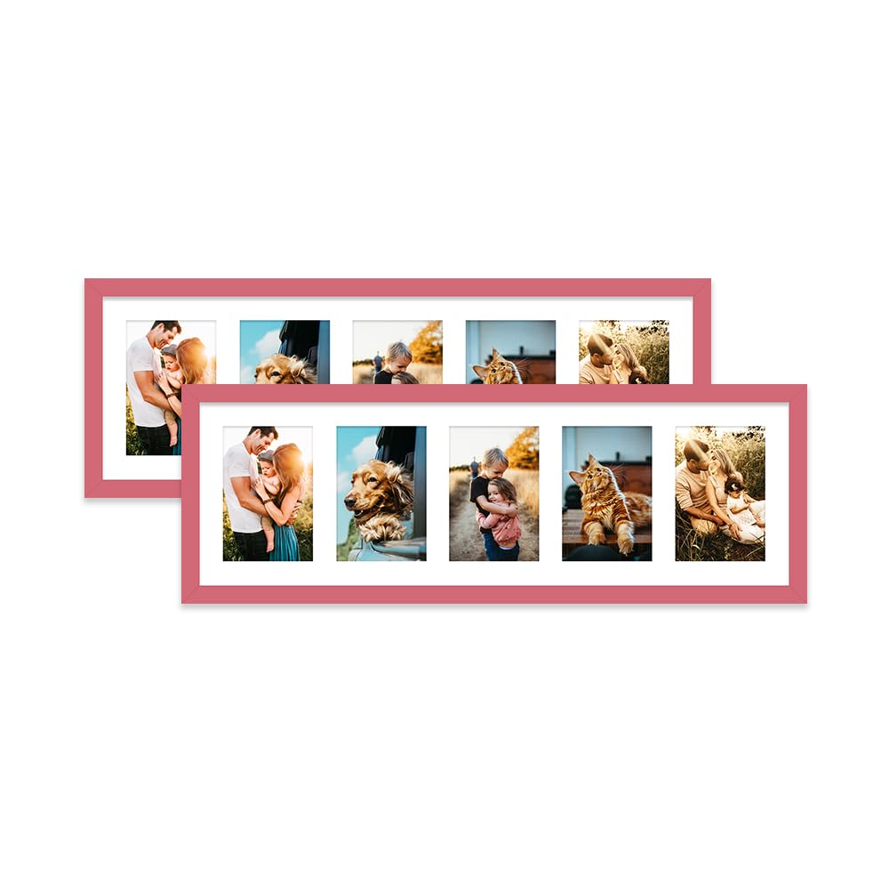 Pink Multi Photo Frame - Holds 5 x 6x4 Pictures, Family Collage Picture Frame for Wall Display, 8x26 Panoramic Frame Size, Set of 2