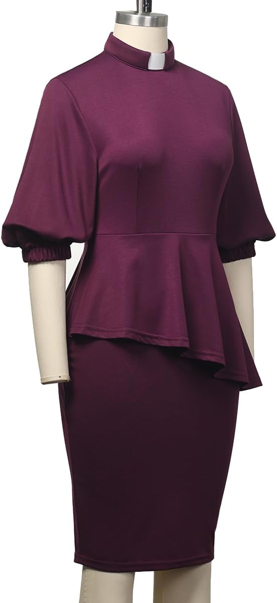 Church Clergy Dress for Women 3/4 Sleeve Irregular Ruffle Pencil Dress with Tab Collar - Image 6