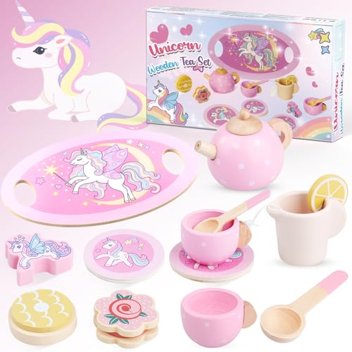 Unicorno Set da Tè Giochi in Legno, Accessori Cucina Bambini Legno, Gioco Ruolo Tea Party Montessori Educativo, Unicorno Bambina Regalo 2 3 4 5 6 Anni, Giocattoli Giochi Bambina Bimba 2 3 4 5 6 Anni