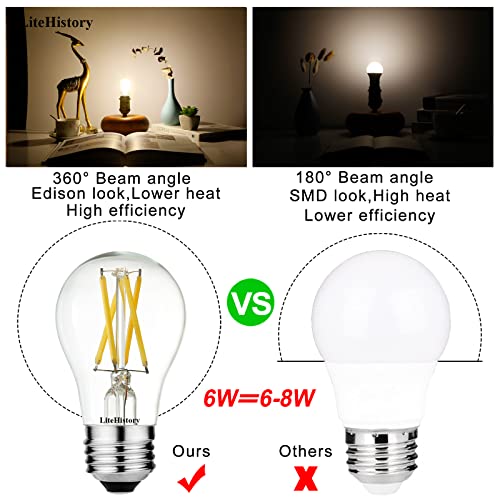 Image of LiteHistory A15 Bulb,E26 led Bulb 60 watt,Neutral White 4000K,Non-Dimmable | 6w=60 watt Light Bulbs,600lm,AC120V,ETL,No flicker,Edison Light Bulbs,E26 Light Bulb for Ceiling Fan,Wall sconces,Desk,6Pack