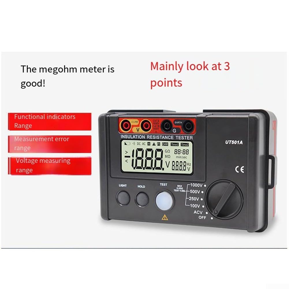 Probador de resistencia de aislamiento UT501A Medidor de resistencia de aislamiento digital Megohmmeter 100V-1000V Voltaje de salida Pantalla LCD Descarga automática Equipo de prueba